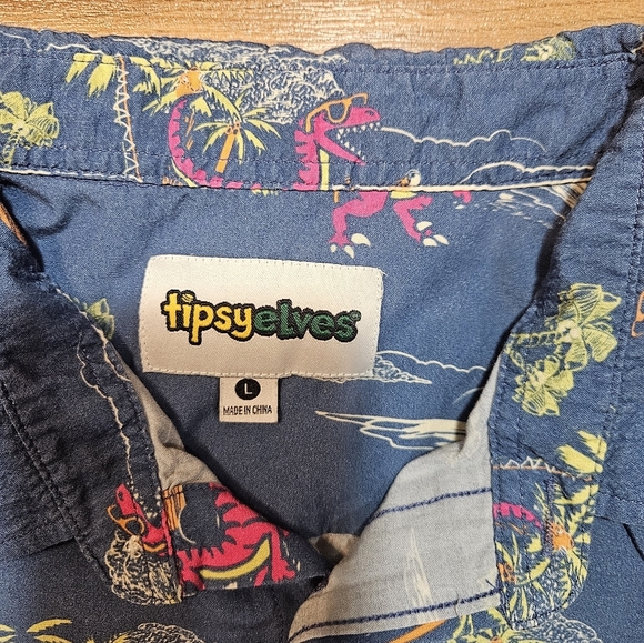 Tipsy Elves Men’s Shirt Size L | Dinosaur Hawaiian Party Shirt | Funny Button-Up - Picture 3 of 9